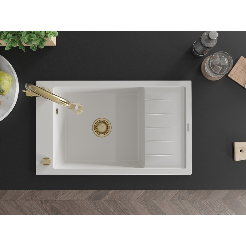 Mexen Elias granite sink 1-bowl with drainer and Elia kitchen faucet, white - 6511-20-670101-50