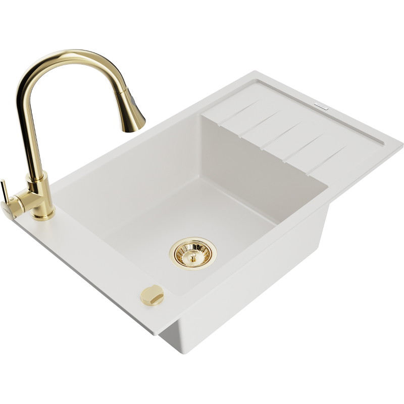 Mexen Elias 1-bowl granite sink with drainer and Elia kitchen faucet, white - 6511-20-670101-50