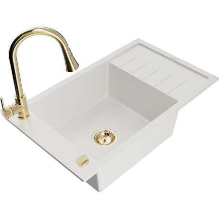 Mexen Elias granite sink 1-bowl with drainer and Elia kitchen faucet, white - 6511-20-670101-50