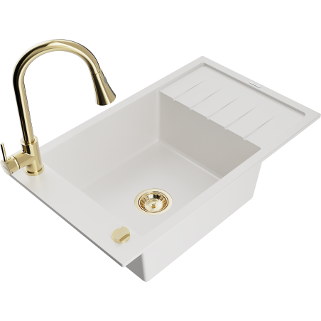 Mexen Elias single-bowl granite sink with drainer and kitchen tap Elia, white - 6511-20-670101-50