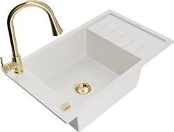 Mexen Elias 1-bowl granite sink with drainer and Elia kitchen faucet, white - 6511-20-670101-50
