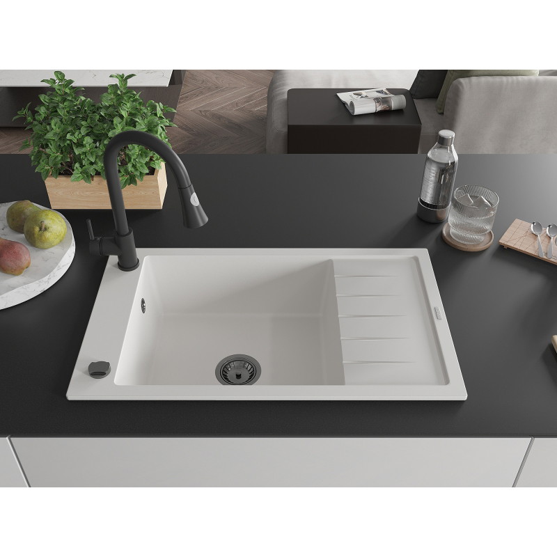 Mexen Elias 1-bowl granite sink with drainer and Elia kitchen faucet, white - 6511-20-670101-70