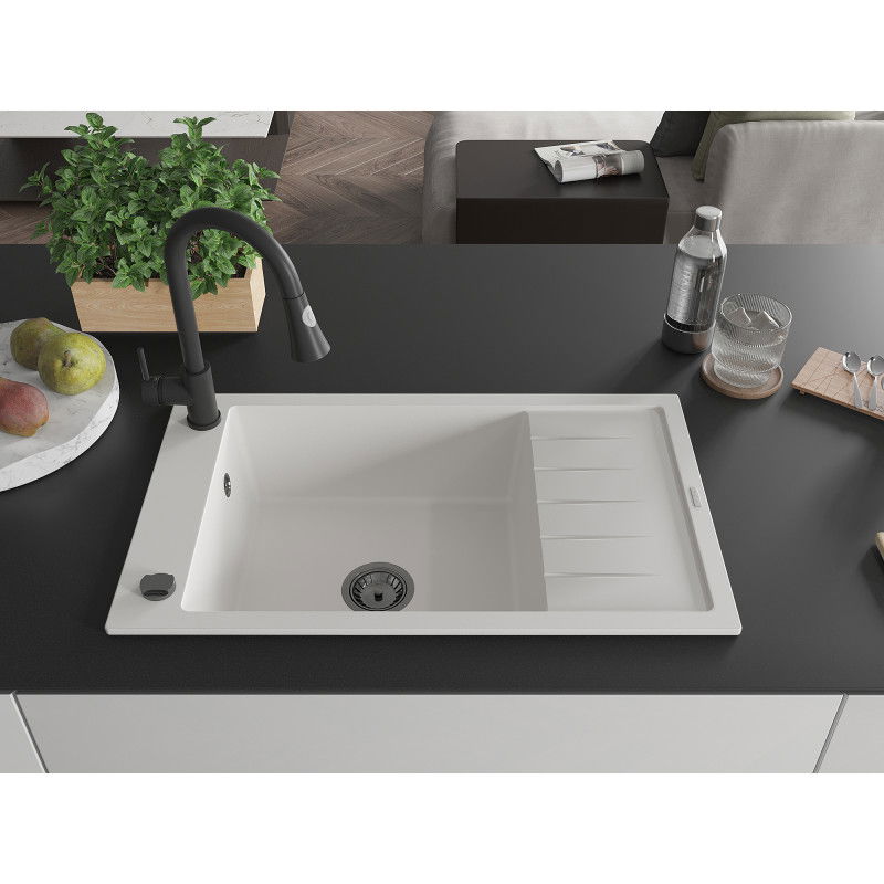 Mexen Elias single-bowl granite sink with drainer and Elia kitchen tap, white - 6511-20-670101-70