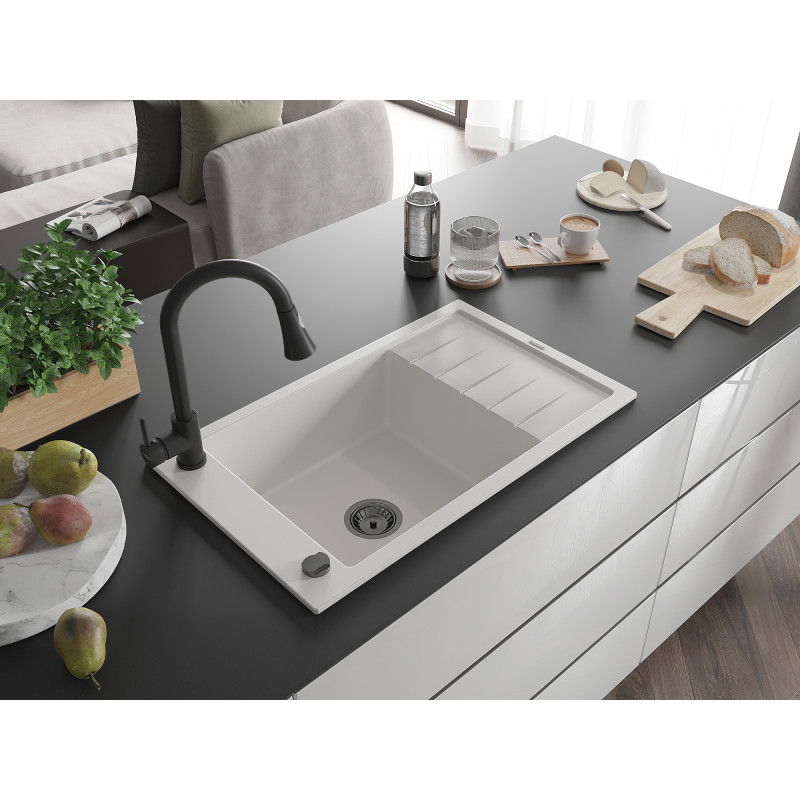 Mexen Elias single-bowl granite sink with drainer and Elia kitchen tap, white - 6511-20-670101-70