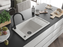 Mexen Elias 1-compartment granite sink with a drip tray and kitchen mixer tap Elia, White - 6511-20-670101-70