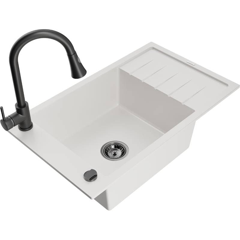 Mexen Elias 1-bowl granite sink with drainer and Elia kitchen faucet, white - 6511-20-670101-70