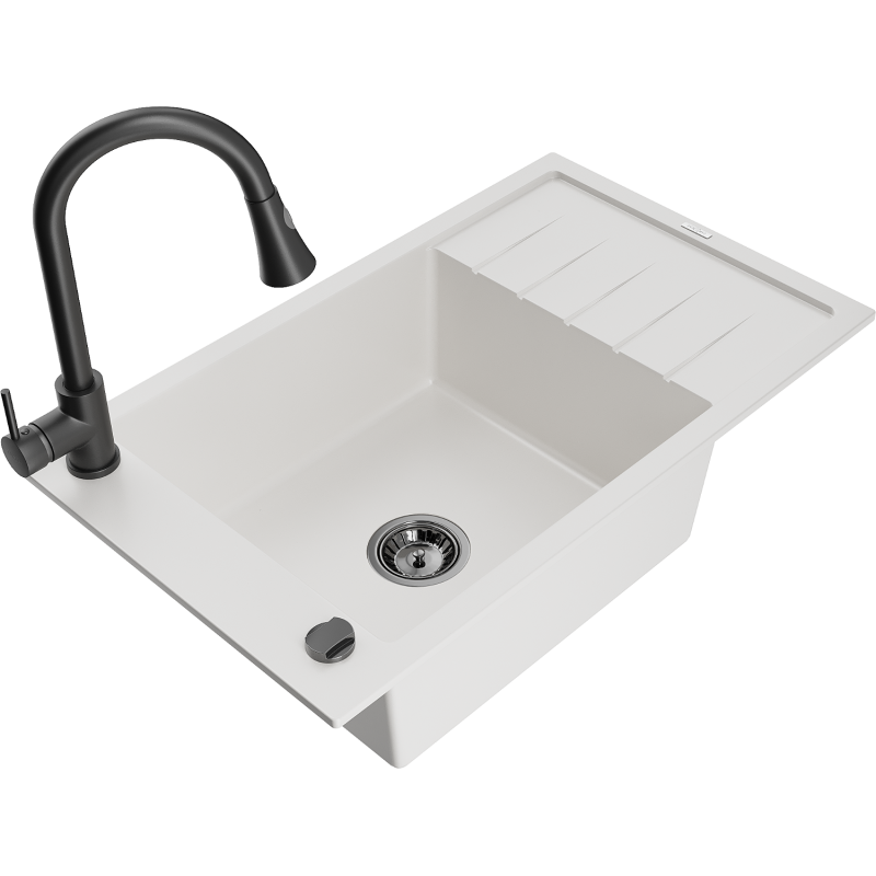 Mexen Elias 1-compartment granite sink with a drip tray and kitchen mixer tap Elia, White - 6511-20-670101-70