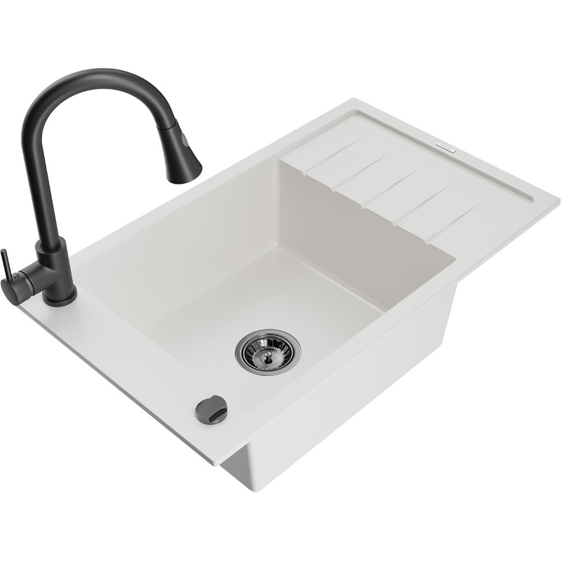 Mexen Elias granite sink 1-bowl with drainer and kitchen faucet Elia, white - 6511-20-670101-70