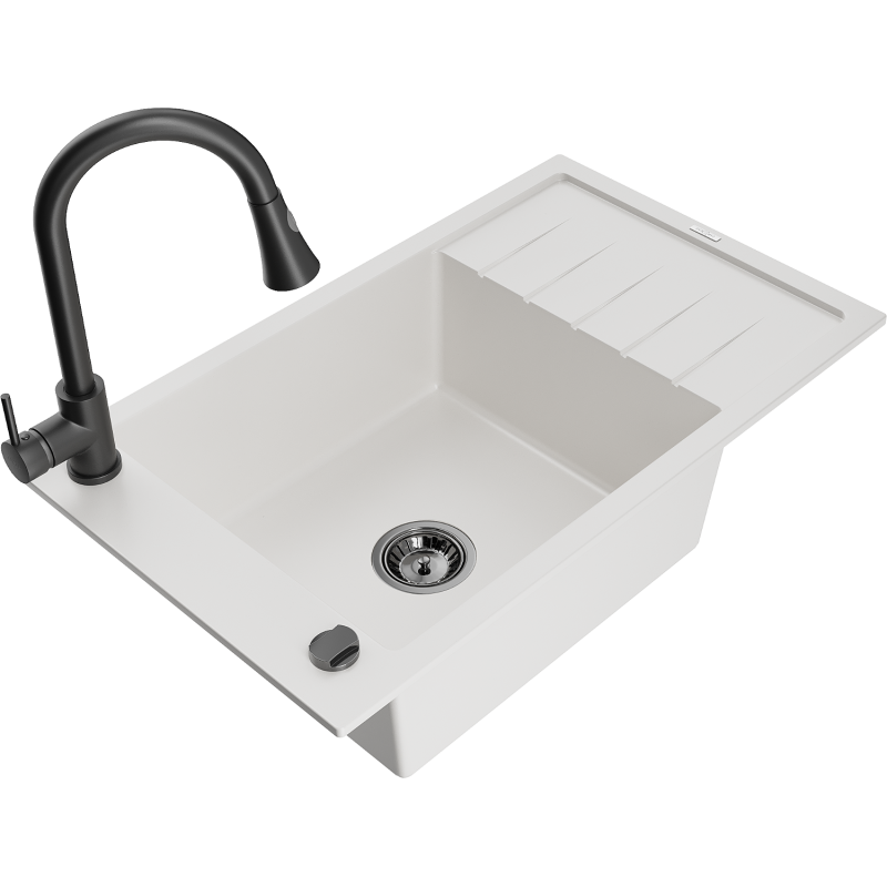 Mexen Elias single-bowl granite sink with drainer and Elia kitchen tap, white - 6511-20-670101-70