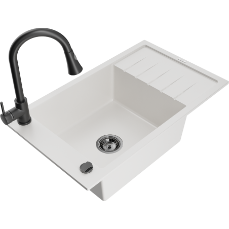Mexen Elias 1-bowl granite sink with drainer and Elia kitchen faucet, white - 6511-20-670101-70