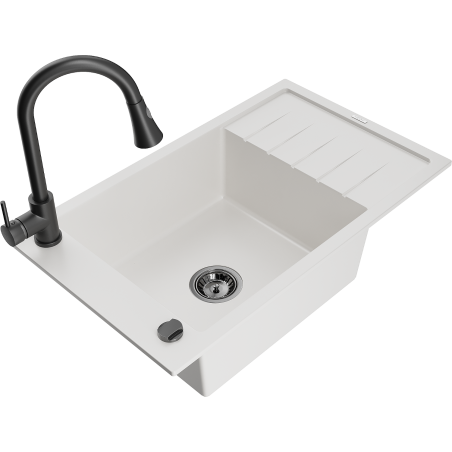 Mexen Elias 1-compartment granite sink with a drip tray and kitchen mixer tap Elia, White - 6511-20-670101-70