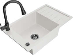Mexen Elias 1-bowl granite sink with drainer and Elia kitchen faucet, white - 6511-20-670101-70