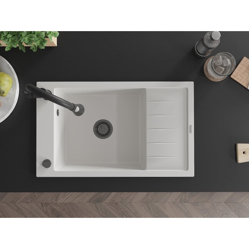 Mexen Elias 1-bowl granite sink with drainer and Elia kitchen faucet, white - 6511-20-670101-70