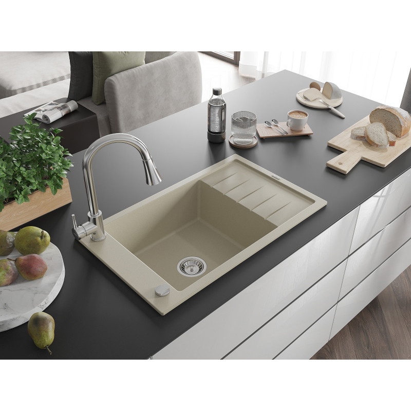 Mexen Elias 1-bowl granite sink with drainer and Elia kitchen faucet, beige - 6511-69-670101-00