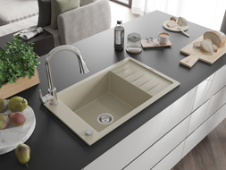 Mexen Elias granite kitchen sink 1-bowl with drainer and Elia kitchen faucet, beige - 6511-69-670101-00