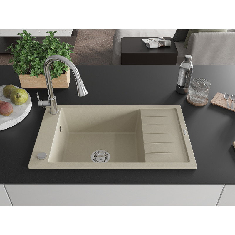 Mexen Elias 1-bowl granite sink with drainer and Elia kitchen faucet, beige - 6511-69-670101-00