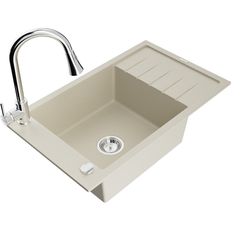 Mexen Elias 1-bowl granite sink with drainer and Elia kitchen faucet, beige - 6511-69-670101-00