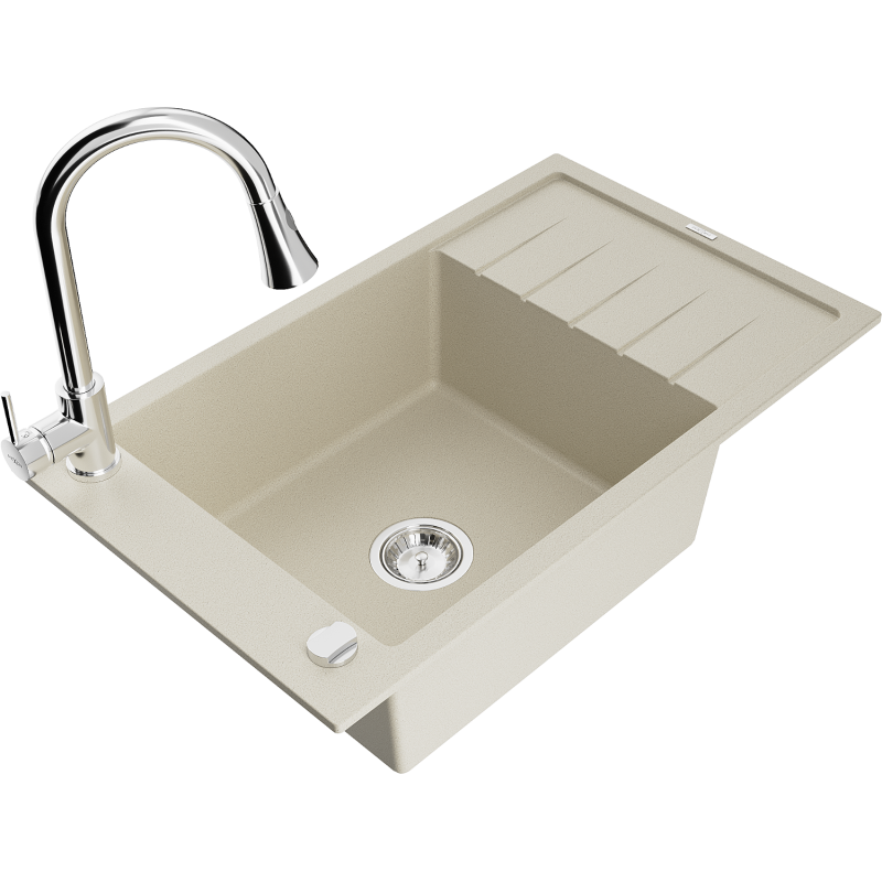 Mexen Elias 1-bowl granite sink with drainer and Elia kitchen tap, beige - 6511-69-670101-00