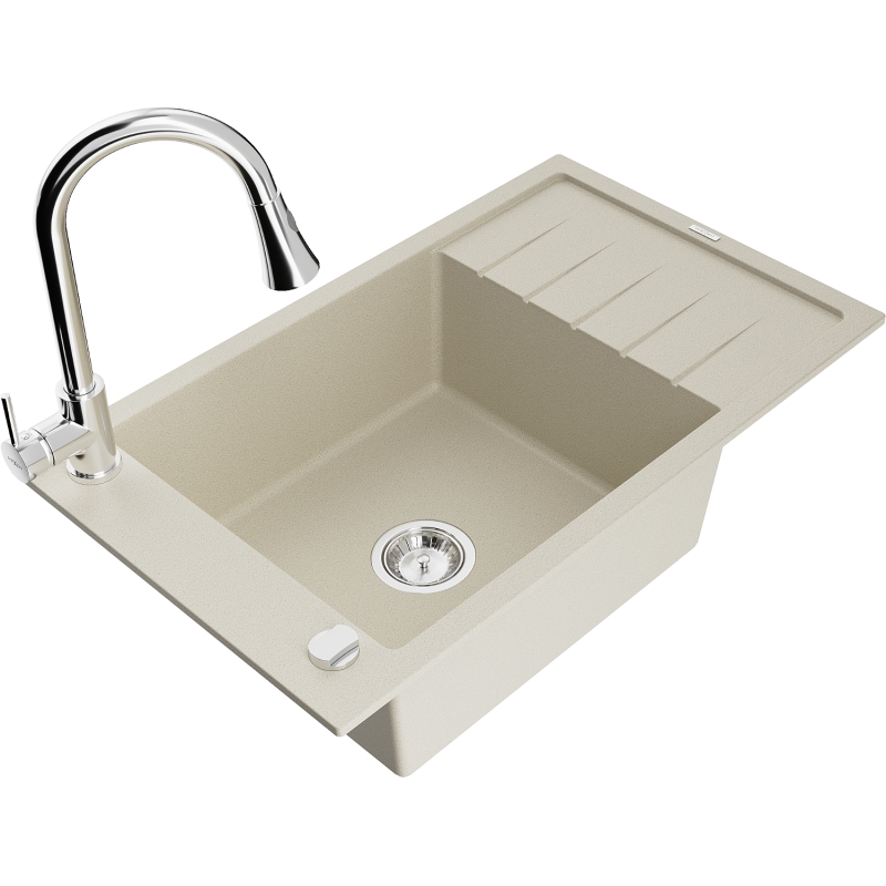 Mexen Elias 1-compartment granite sink with a drip tray and kitchen mixer tap Elia, White - 6511-69-670101-00