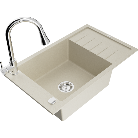 Mexen Elias 1-bowl granite sink with drainer and Elia kitchen faucet, beige - 6511-69-670101-00