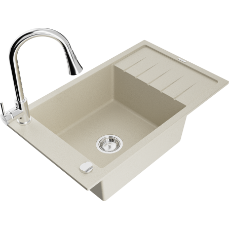 Mexen Elias 1-bowl granite sink with drainer and Elia kitchen tap, beige - 6511-69-670101-00