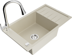 Mexen Elias granite kitchen sink 1-bowl with drainer and Elia kitchen faucet, beige - 6511-69-670101-00