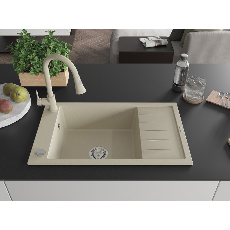 Mexen Elias 1-bowl granite sink with drainer and Elia kitchen faucet, beige - 6511-69-670101-69