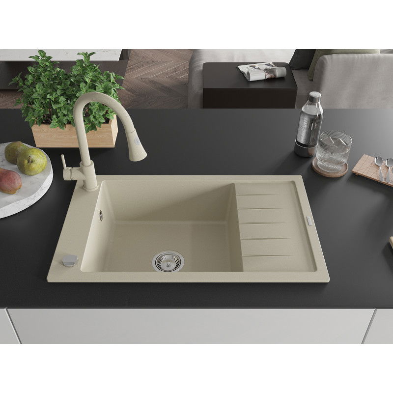 Mexen Elias 1-bowl granite sink with drainer and Elia kitchen tap, beige - 6511-69-670101-69