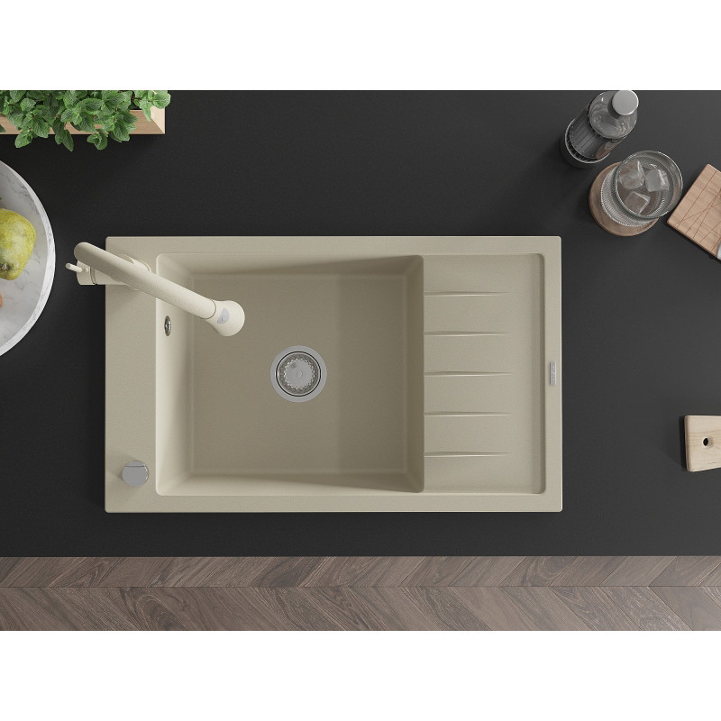 Mexen Elias 1-bowl granite sink with drainer and Elia kitchen faucet, beige - 6511-69-670101-69
