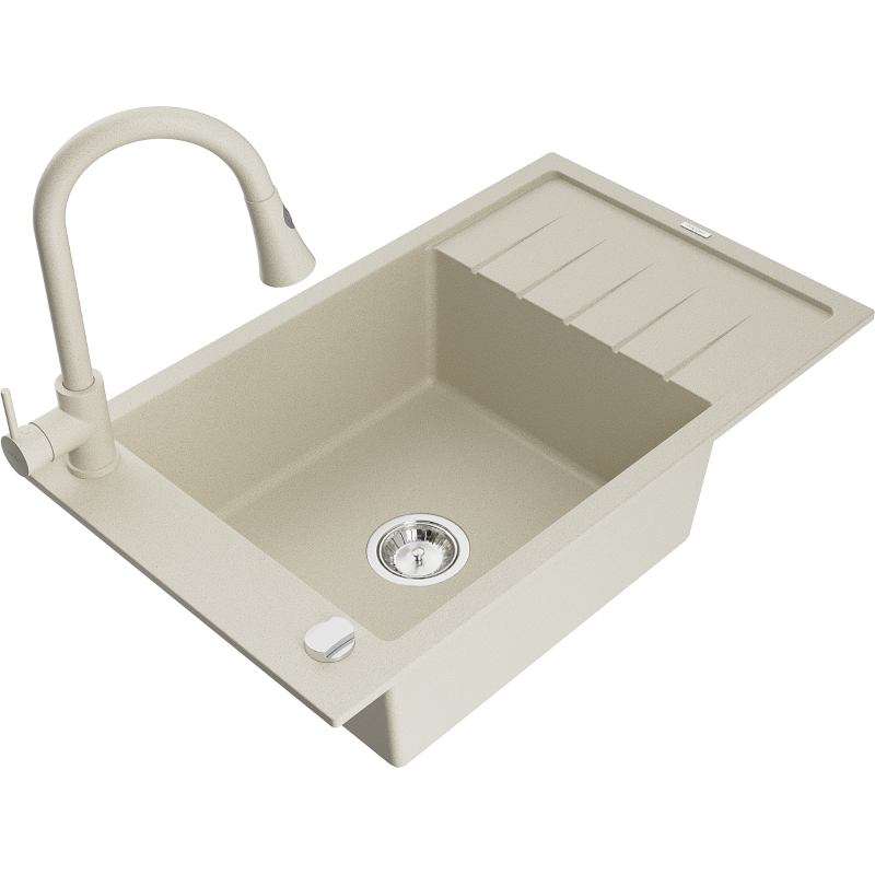 Mexen Elias 1-bowl granite sink with drainer and Elia kitchen tap, beige - 6511-69-670101-69