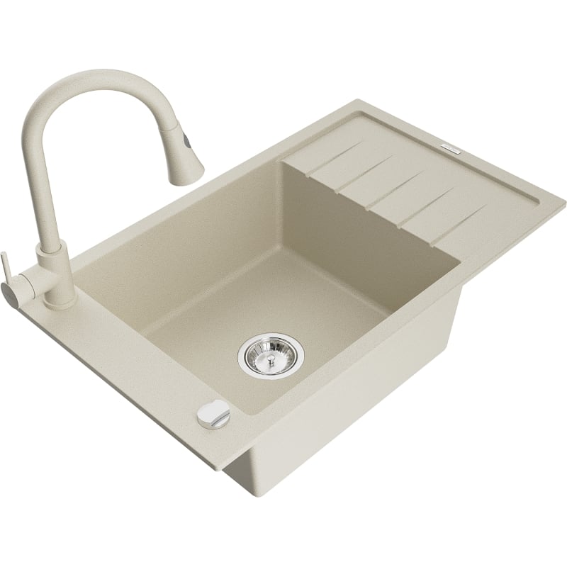 Mexen Elias granite kitchen sink 1-bowl with drainer and Elia kitchen faucet, beige - 6511-69-670101-69