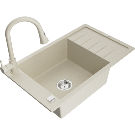 Mexen Elias 1-bowl granite sink with drainer and Elia kitchen tap, beige - 6511-69-670101-69