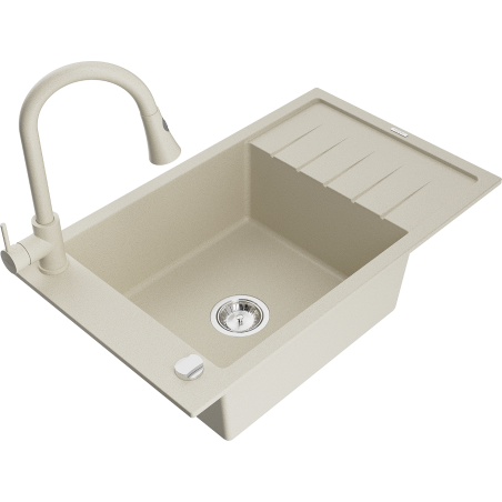 Mexen Elias granite kitchen sink 1-bowl with drainer and Elia kitchen faucet, beige - 6511-69-670101-69