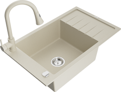 Mexen Elias 1-bowl granite sink with drainer and Elia kitchen faucet, beige - 6511-69-670101-69