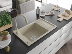 Mexen Elias granite kitchen sink 1-bowl with drainer and Elia kitchen faucet, beige - 6511-69-670101-69