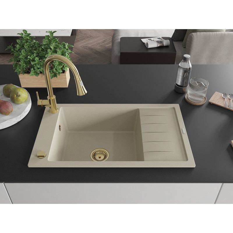 Mexen Elias 1-bowl granite sink with drainer and kitchen faucet Elia, beige - 6511-69-670101-50