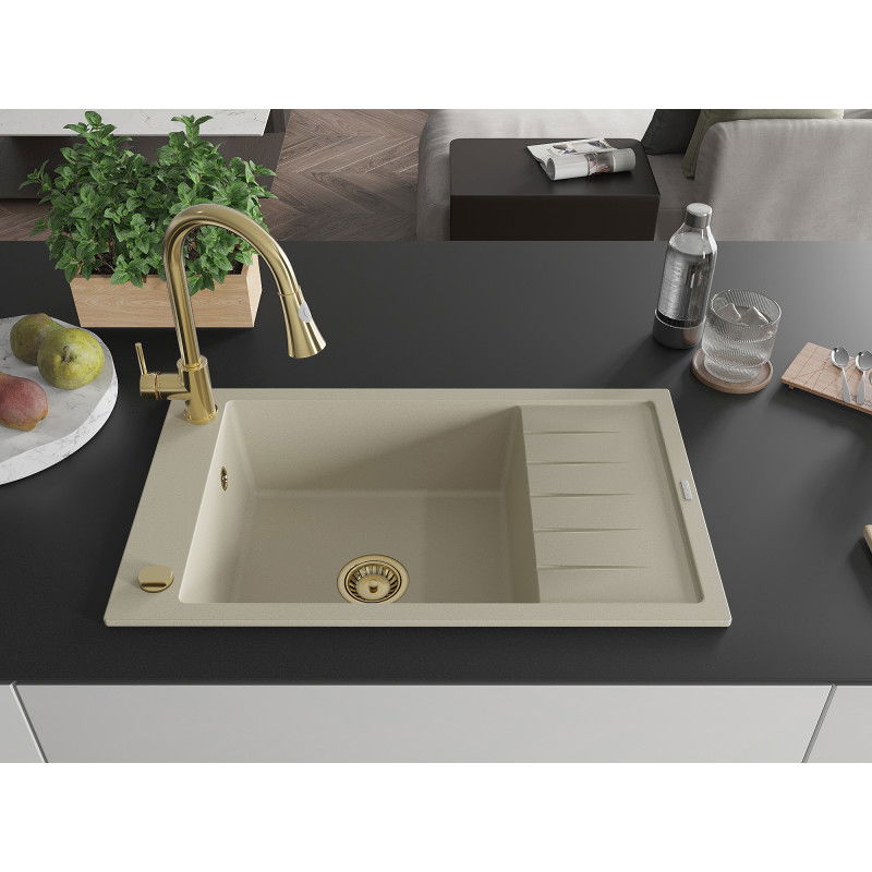 Mexen Elias granite sink 1-bowl with drainer and Elia kitchen tap, beige - 6511-69-670101-50