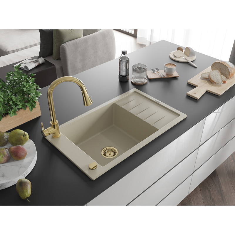 Mexen Elias granite kitchen sink 1-bowl with drainer and kitchen faucet Elia, beige - 6511-69-670101-50