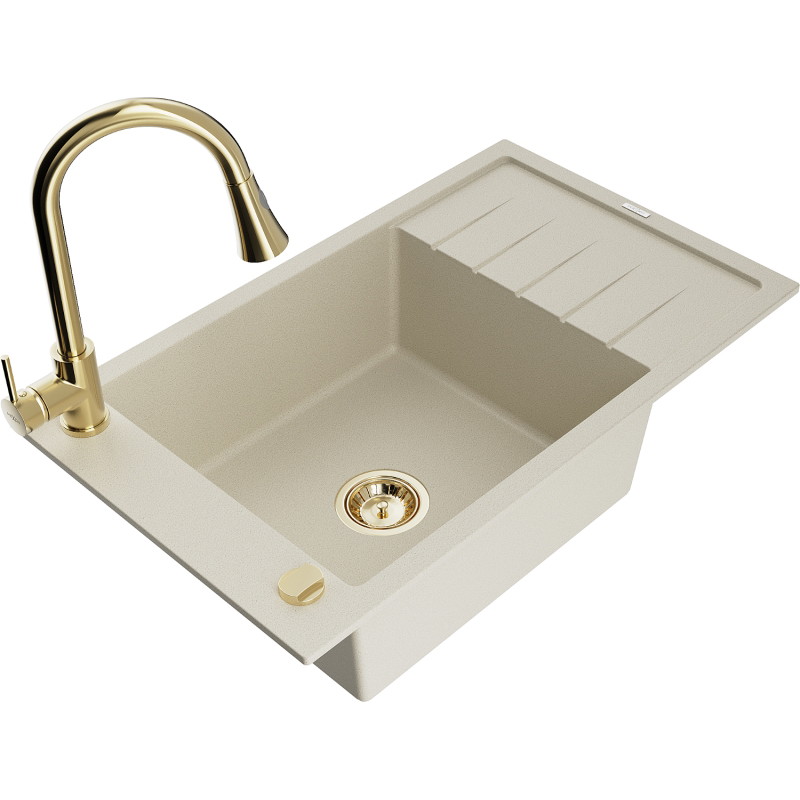 Mexen Elias 1-bowl granite sink with drainer and kitchen faucet Elia, beige - 6511-69-670101-50