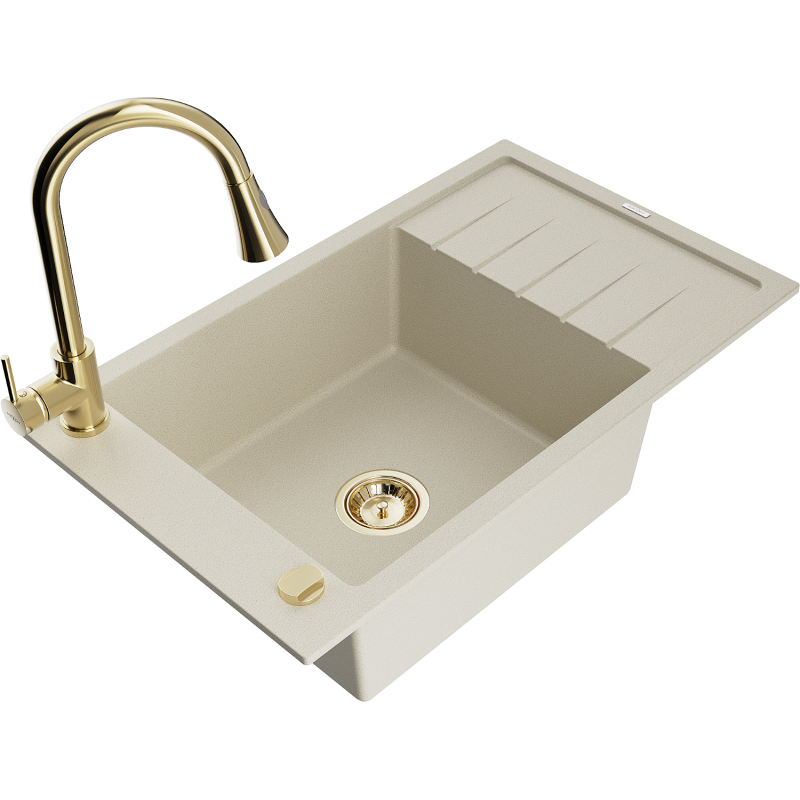 Mexen Elias granite sink 1-bowl with drainer and Elia kitchen tap, beige - 6511-69-670101-50