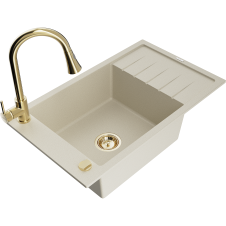 Mexen Elias 1-compartment granite sink with a drip tray and kitchen mixer tap Elia, Beige - 6511-69-670101-50