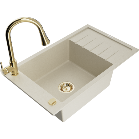 Mexen Elias granite sink 1-bowl with drainer and Elia kitchen tap, beige - 6511-69-670101-50