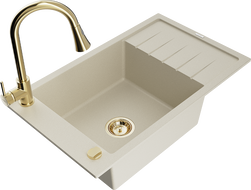 Mexen Elias granite kitchen sink 1-bowl with drainer and kitchen faucet Elia, beige - 6511-69-670101-50