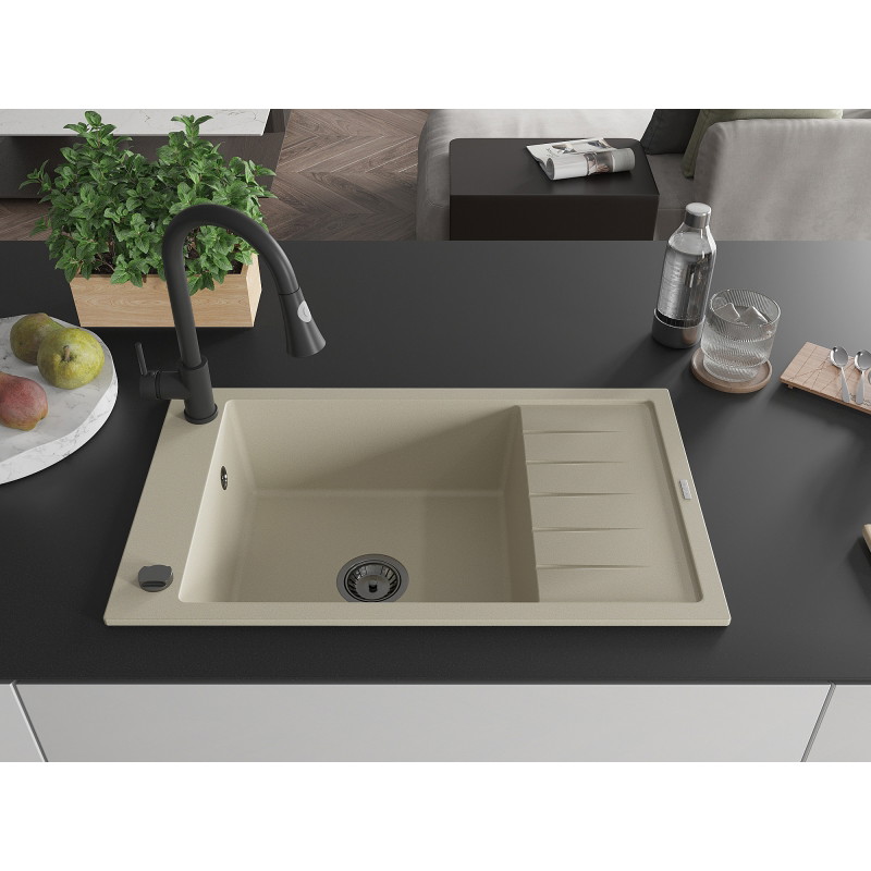 Mexen Elias 1-bowl granite kitchen sink with drainer and kitchen faucet Elia, beige - 6511-69-670101-70