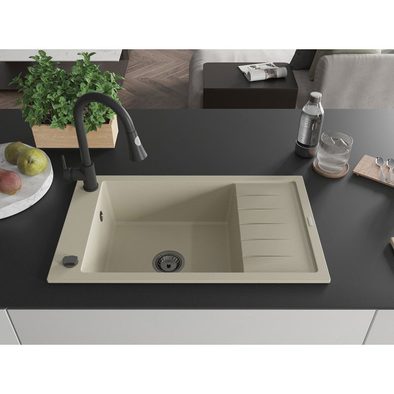 Mexen Elias 1-bowl granite sink with drainer and kitchen tap Elia, beige- 6511-69-670101-70