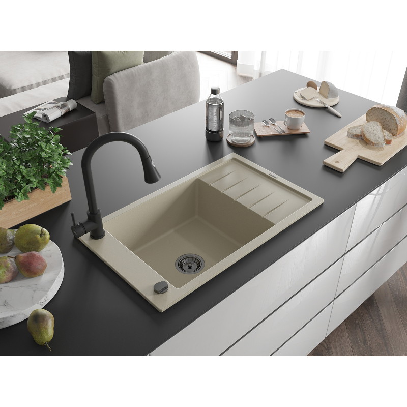 Mexen Elias 1-bowl granite kitchen sink with drainer and kitchen faucet Elia, beige - 6511-69-670101-70
