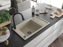 Mexen Elias 1-compartment granite sink with a drip tray and kitchen mixer tap Elia, White - 6511-69-670101-70