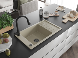 Mexen Elias granite kitchen sink 1-bowl with drainer and Elia kitchen faucet, beige - 6511-69-670101-70