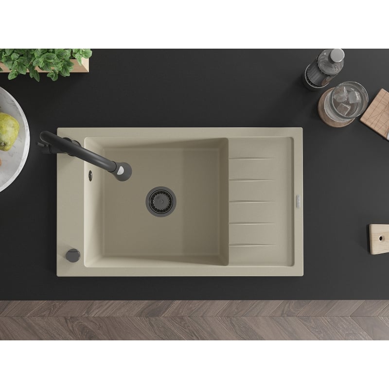 Mexen Elias 1-bowl granite kitchen sink with drainer and kitchen faucet Elia, beige - 6511-69-670101-70