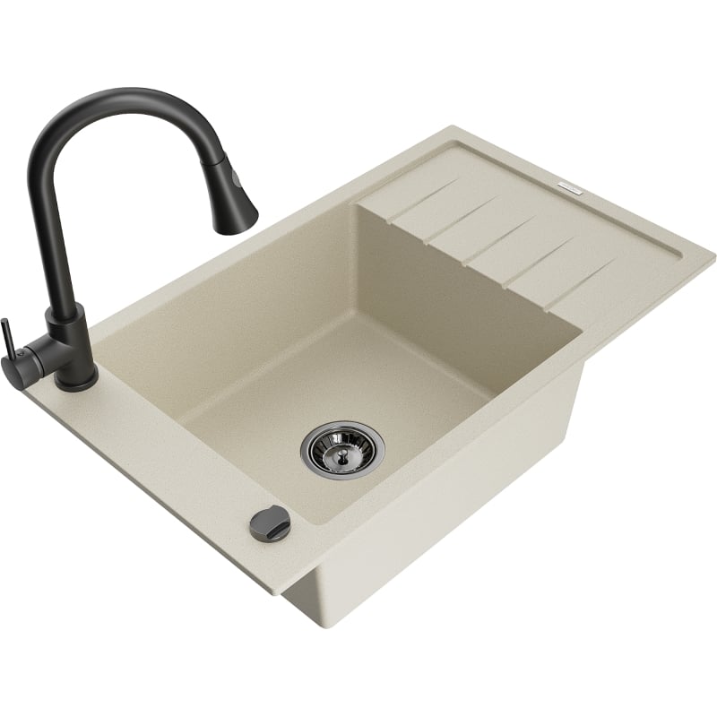 Mexen Elias 1-bowl granite kitchen sink with drainer and kitchen faucet Elia, beige - 6511-69-670101-70
